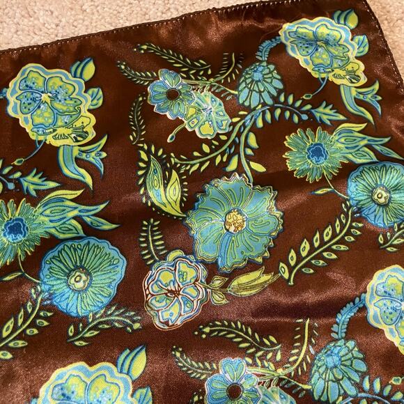 Brown and blue green floral satin square scarf neckerchief, bohemian boho chic - Picture 3 of 9